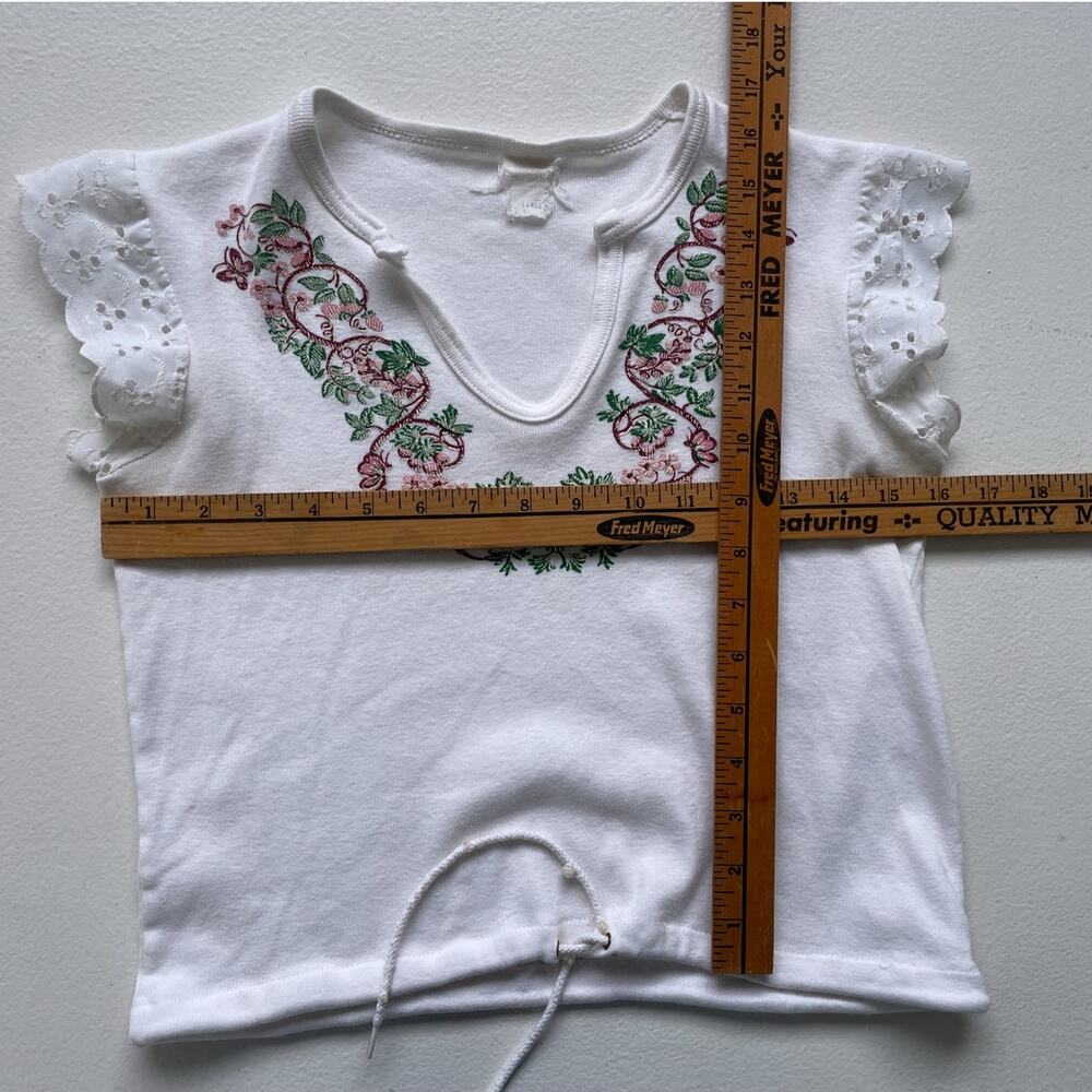 Vtg 70’s White Floral Cropped Ruffle Lace Crop Top Sz L Cotton Retro Boho Hippie - Picture 8 of 11